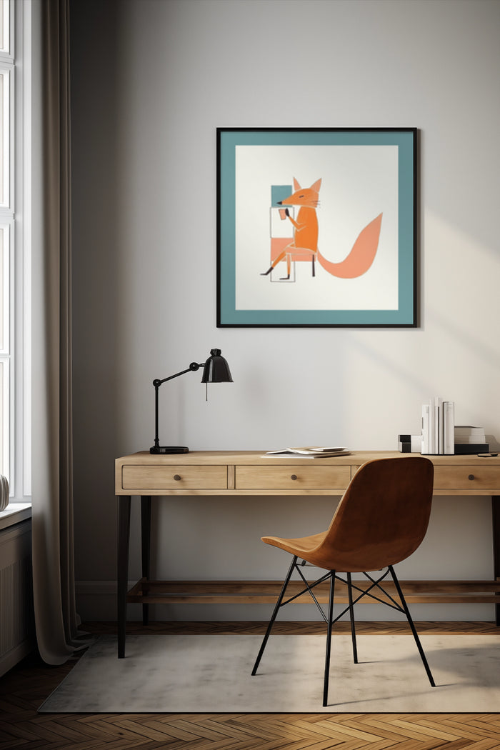 Modern illustrated artwork of a fox reading a book poster in a stylish home office space