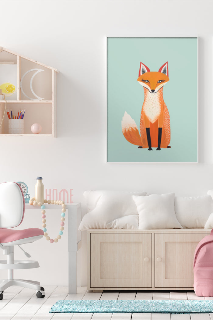 Stylish modern fox illustration poster hanging in a cozy home interior