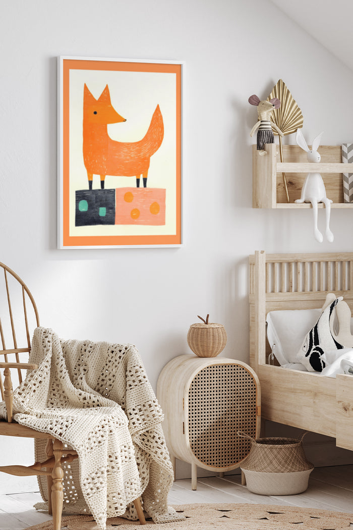 Stylish children's room interior with cozy chair and modern fox illustration poster
