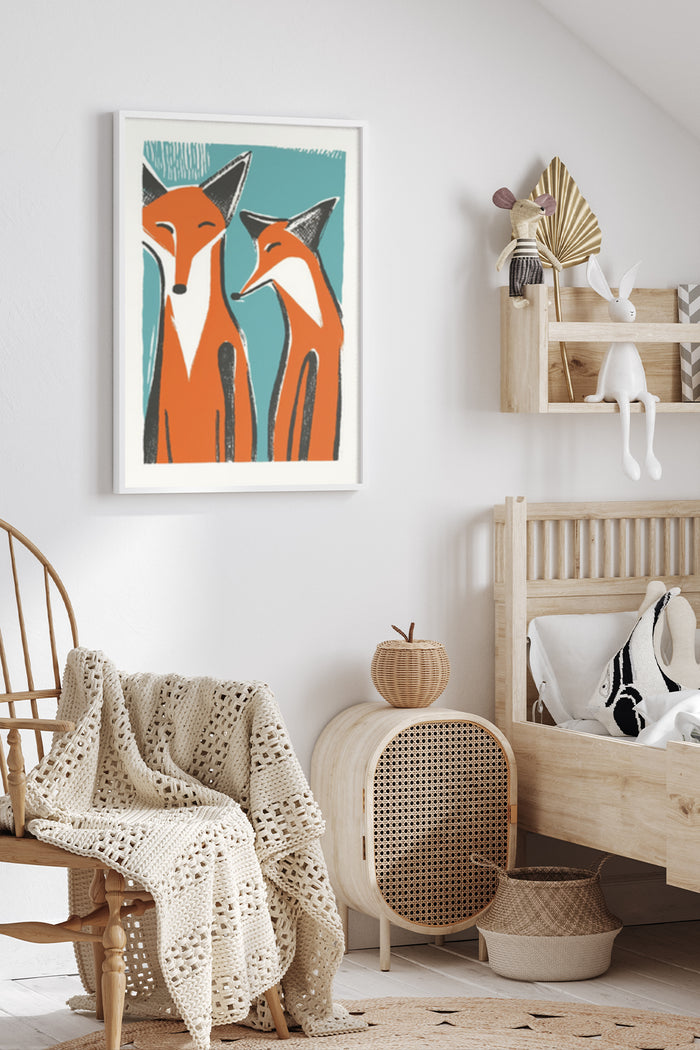 Stylish fox artwork poster displayed in contemporary home interior