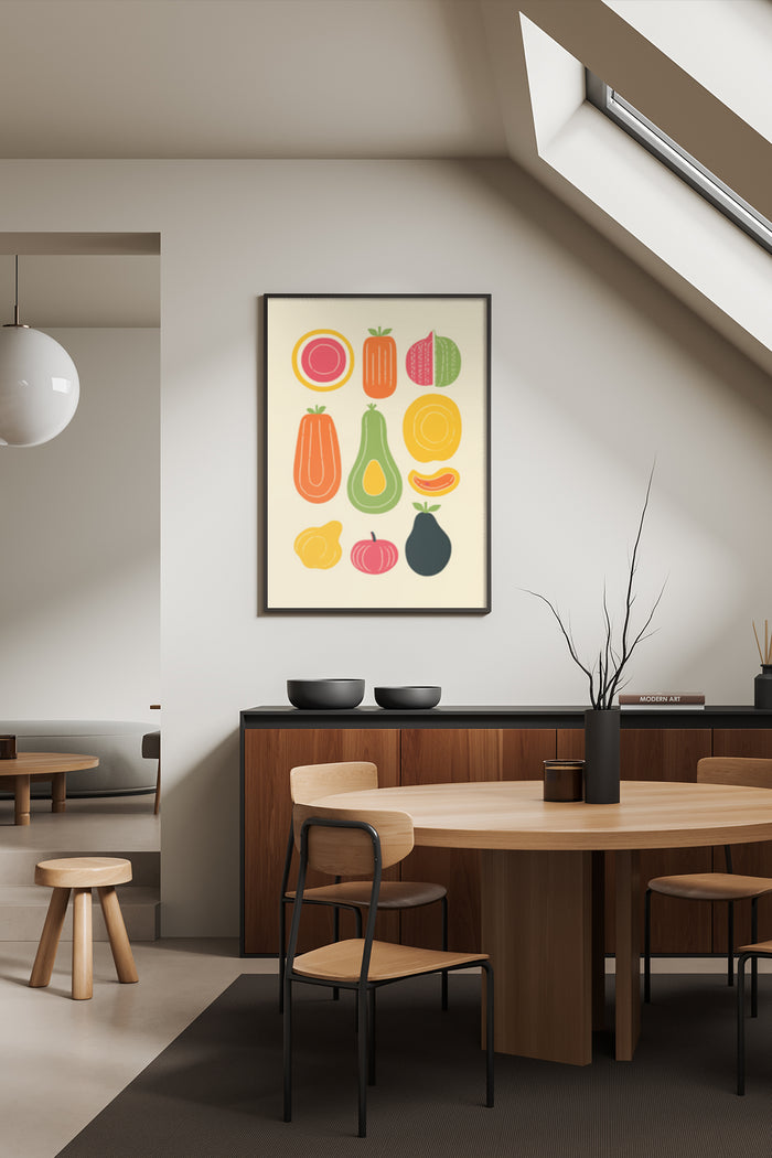 Colorful modern artwork of fruit and vegetables framed poster on a dining room wall