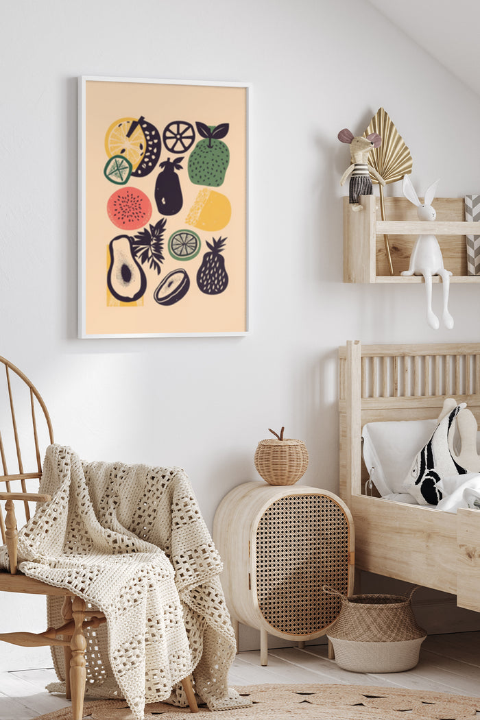 Colorful modern fruit artwork poster displayed in a stylish interior setting with cozy chair and wooden furniture