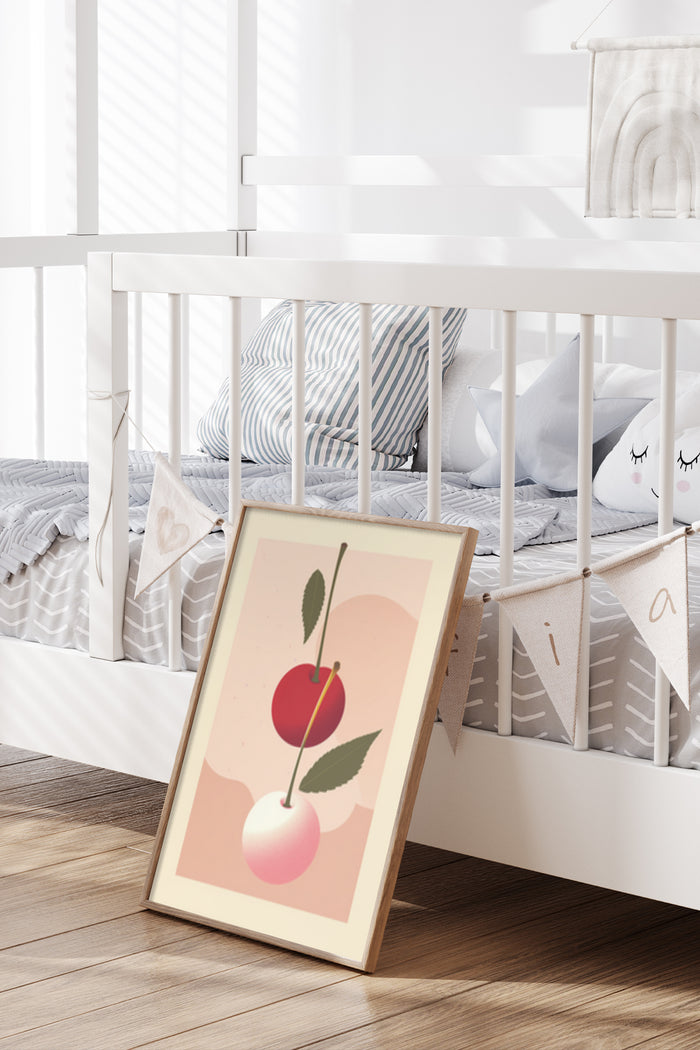 Stylish contemporary fruit artwork poster with cherry illustration standing in a nursery room