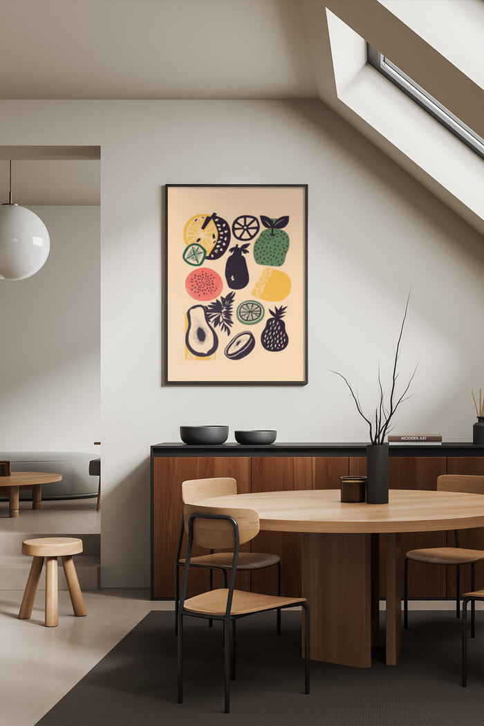 Modern fruit art poster in a minimalist dining room setting