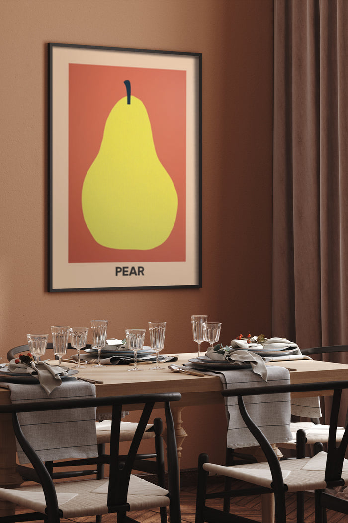 Stylish pear artwork poster in modern dining room setting with elegant tableware