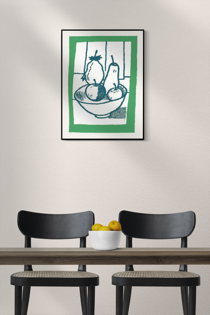 Modern Fruit Bowl Linocut Artwork Poster displayed in home interior