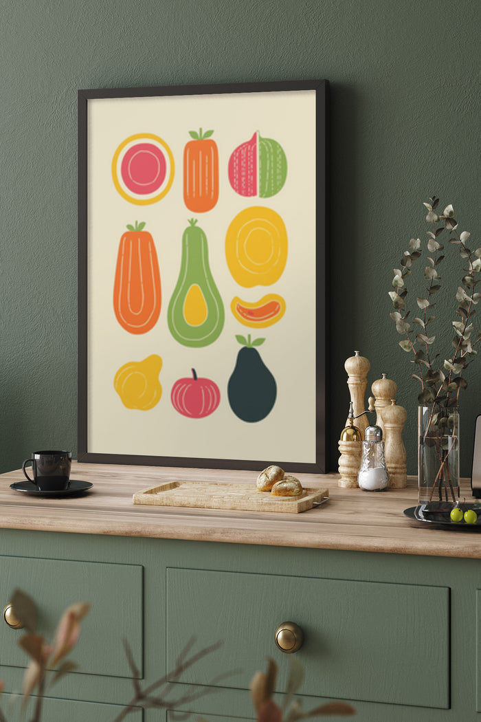 Modern fruit illustration art print for kitchen decor featuring stylized fruits