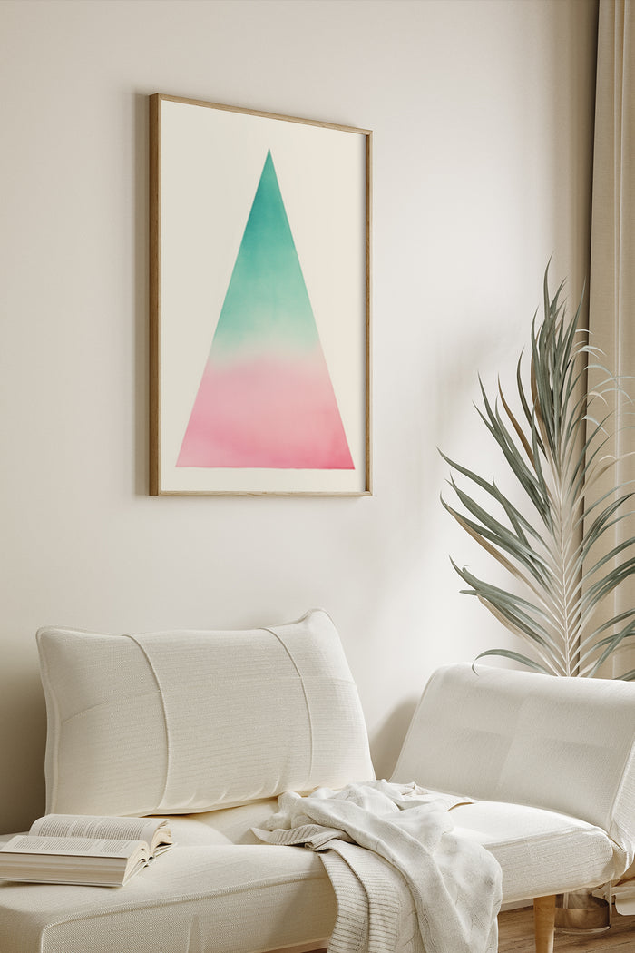 Contemporary living room interior with framed geometric gradient poster on wall