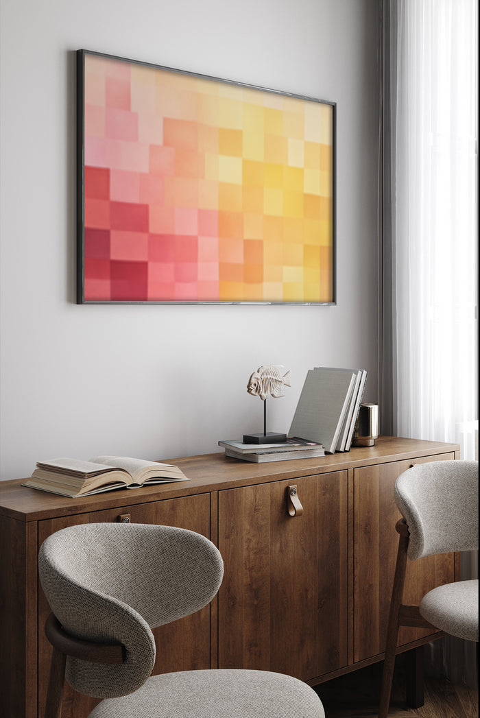 abstract-geometric-pixelated-art-in-warm-colors-hanging-above-wooden-cabinet-in-stylish-interior