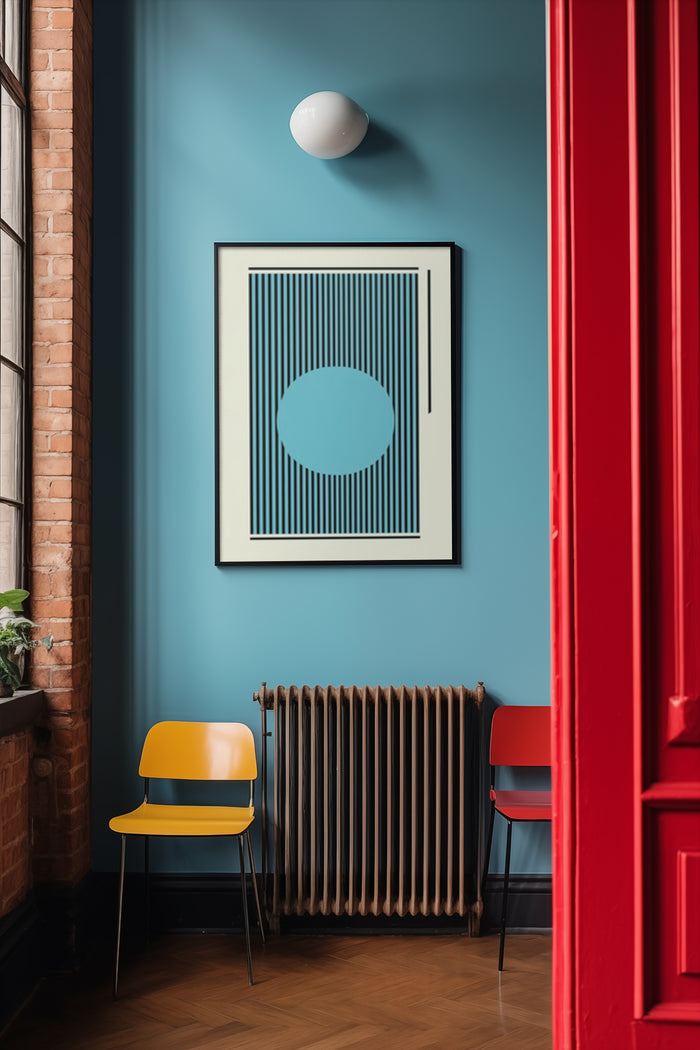Contemporary geometric circle poster in interior with blue wall and red door