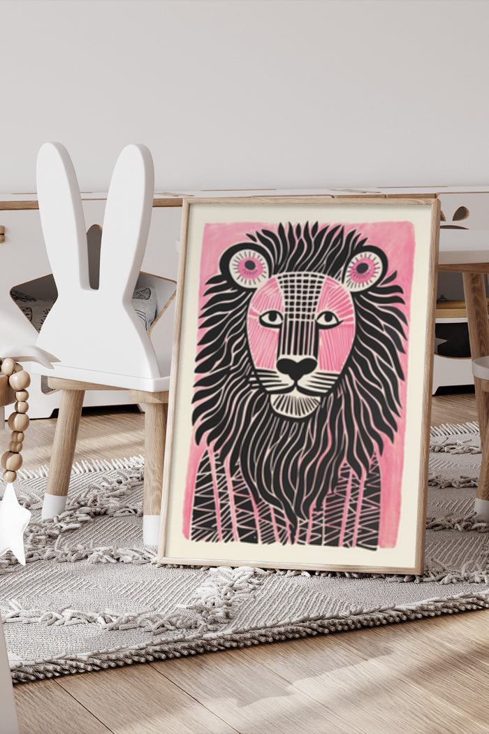 Stylish geometric lion illustration poster framed in a children's room next to a wooden rabbit decoration