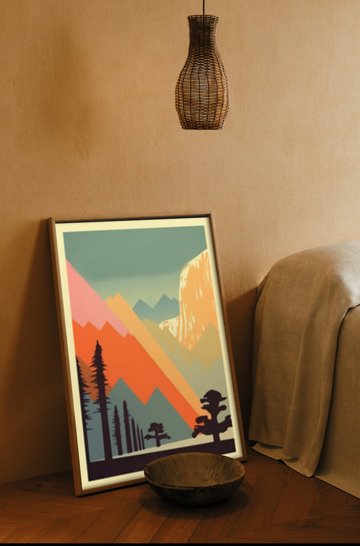 Stylish geometric mountain landscape poster framed on a living room wall with cozy home decor