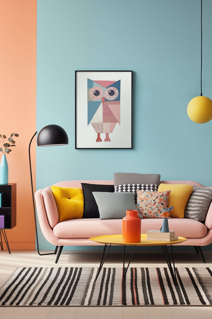 Stylish geometric owl poster hanging in a modern living room with pink sofa and colorful decor