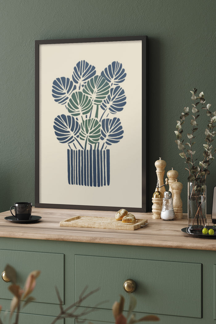 Stylish modern geometric plant artwork poster above kitchen sideboard