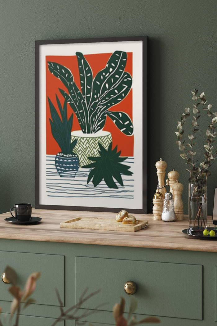 Modern geometric plant pot art poster displayed in a stylish kitchen setting