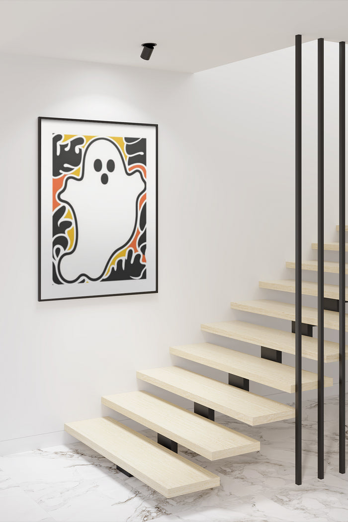 Modern abstract ghost figure art poster displayed in a contemporary home interior
