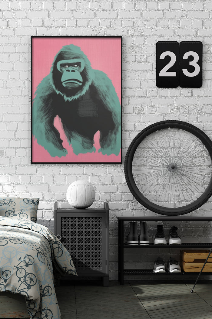 Contemporary pink and teal gorilla art poster hanging on a brick wall in a stylish bedroom setting