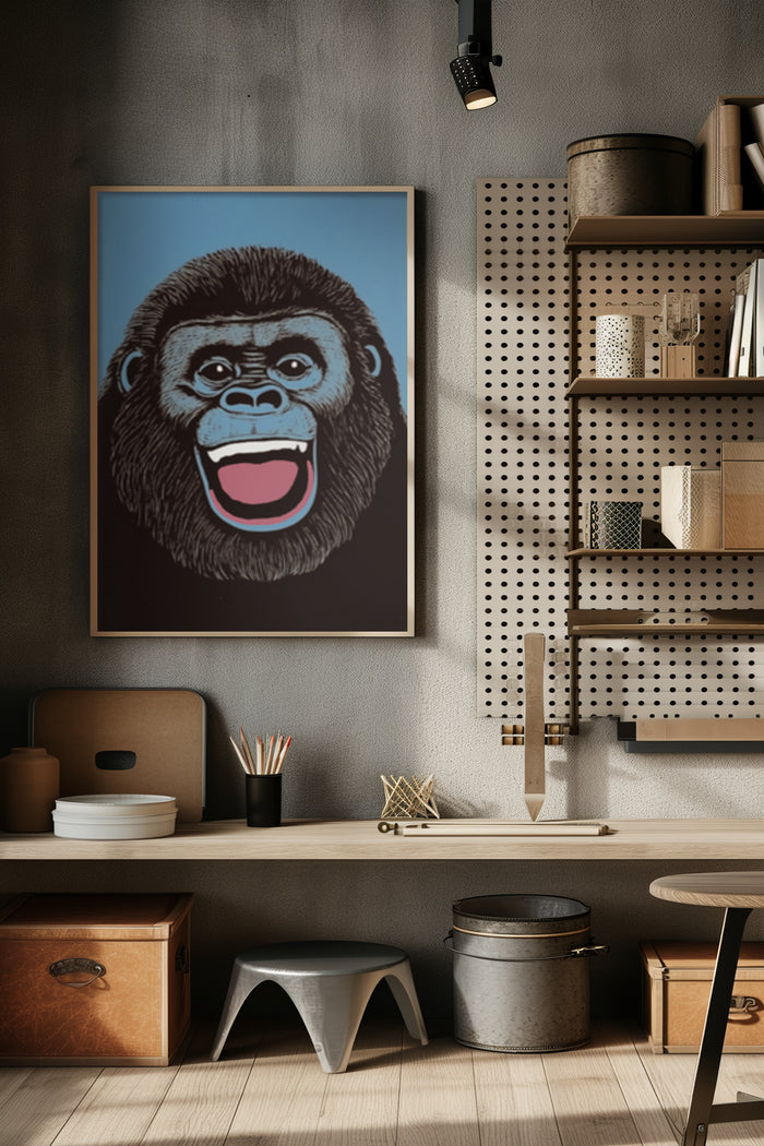 Contemporary gorilla illustration poster displayed in stylish office space
