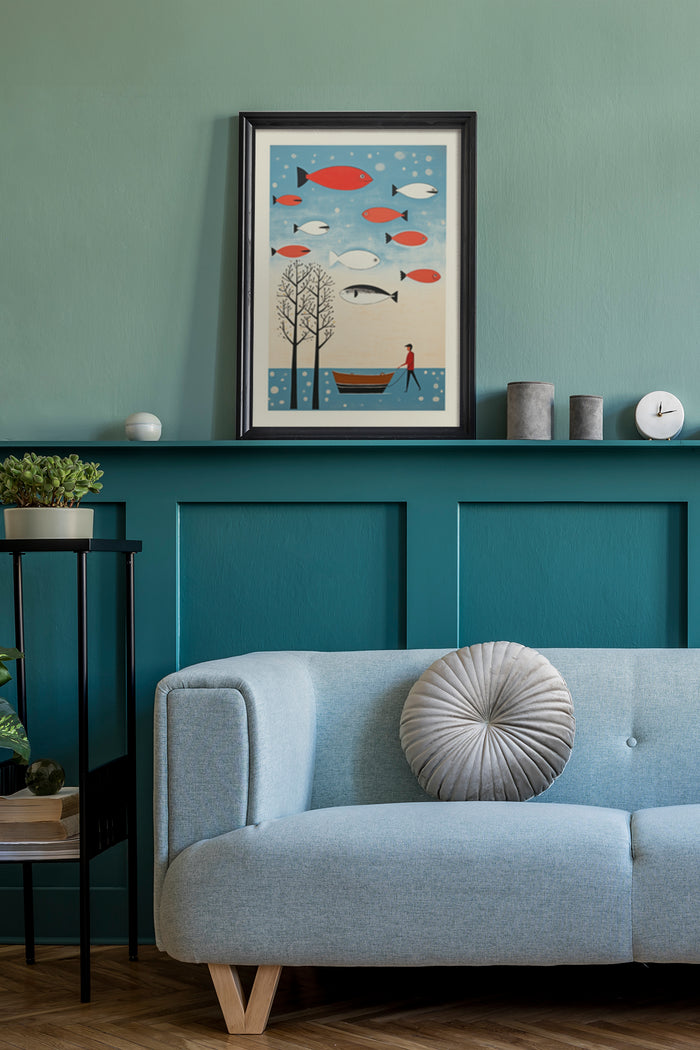 Modern graphic art poster depicting fish, a person in a boat, and trees in a stylish room