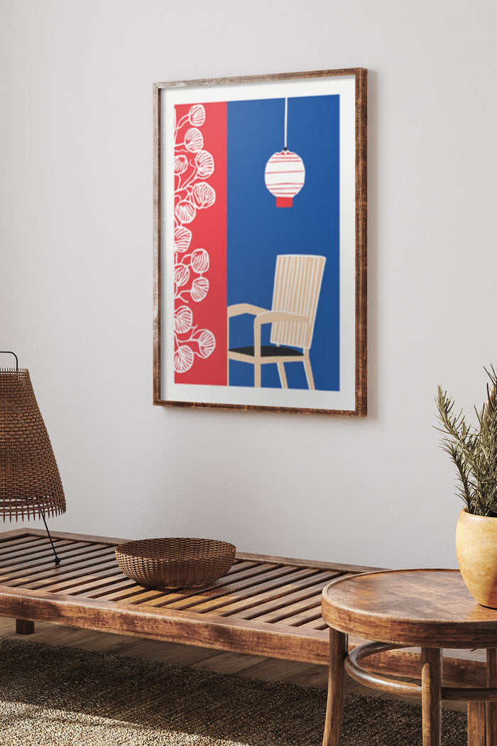 Modern graphic art poster featuring a red and white lantern with decorative leaves in a stylish interior setup