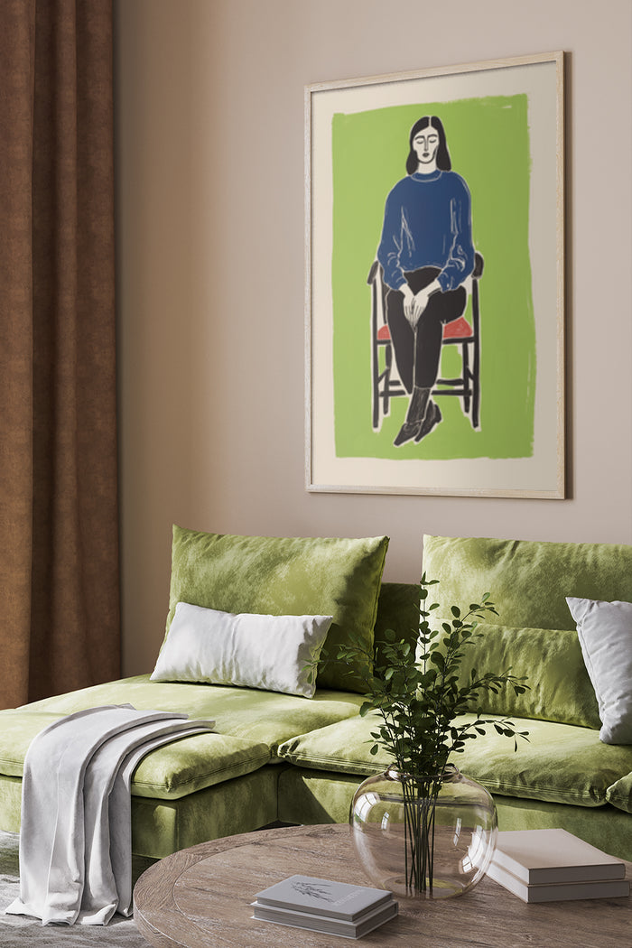 Contemporary graphic design poster hanging in stylish living room interior with green velvet sofa