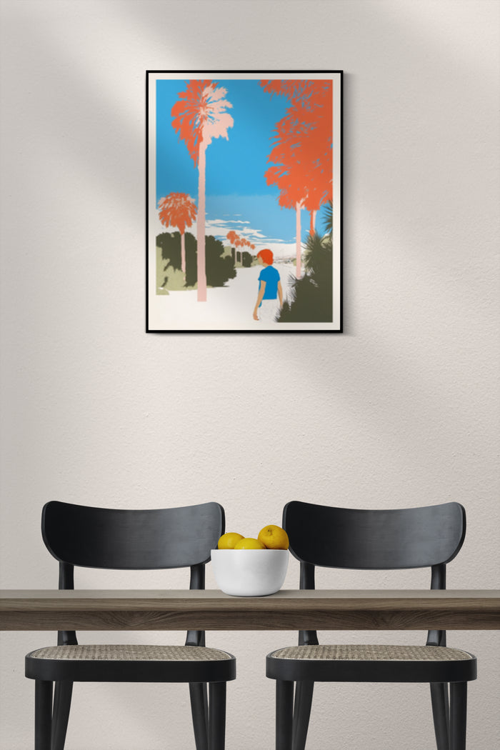 Modern graphic poster featuring a child walking among stylized red palm trees under a blue sky, displayed in a contemporary room setting