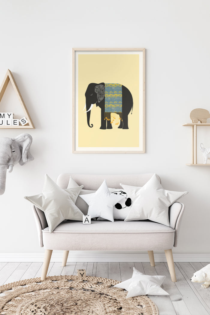 Contemporary elephant graphic design poster in a modern living room setting