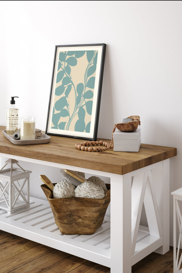 Modern green leaf artwork poster displayed in a stylish interior setting