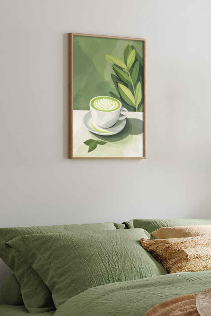 Stylish green matcha latte art wall poster above bed with green bedding