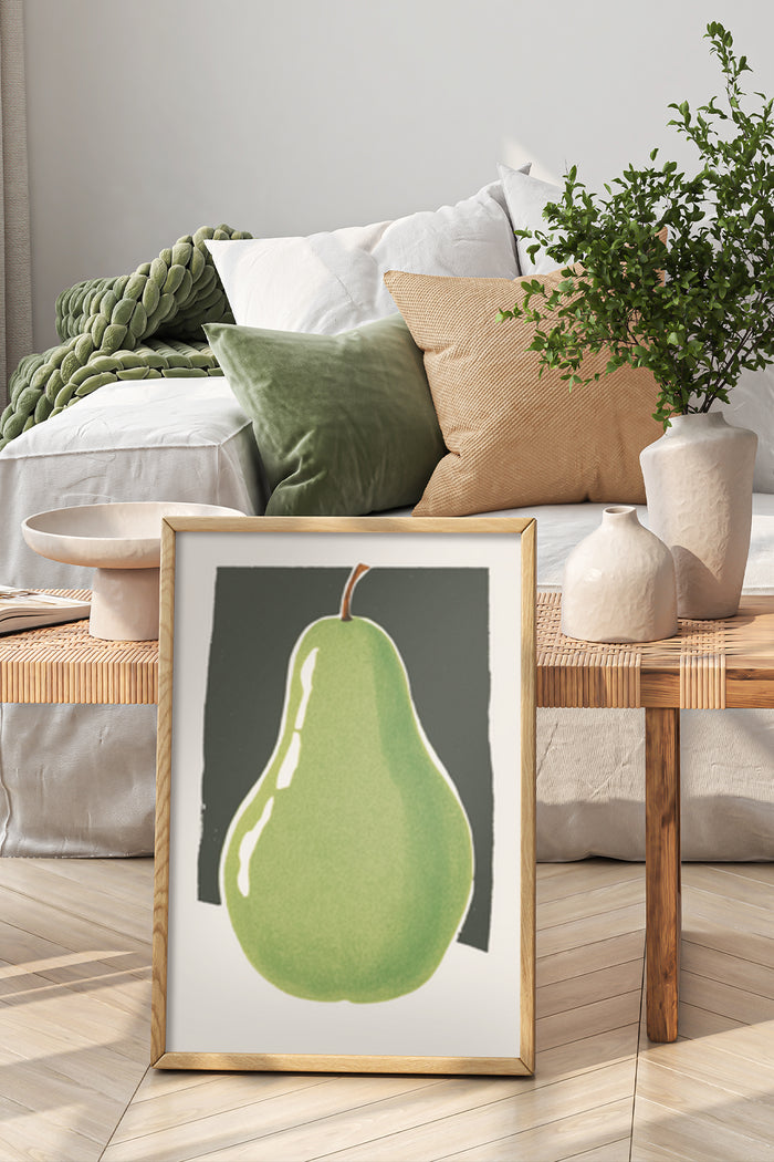 Contemporary green pear poster framed in modern bedroom interior design