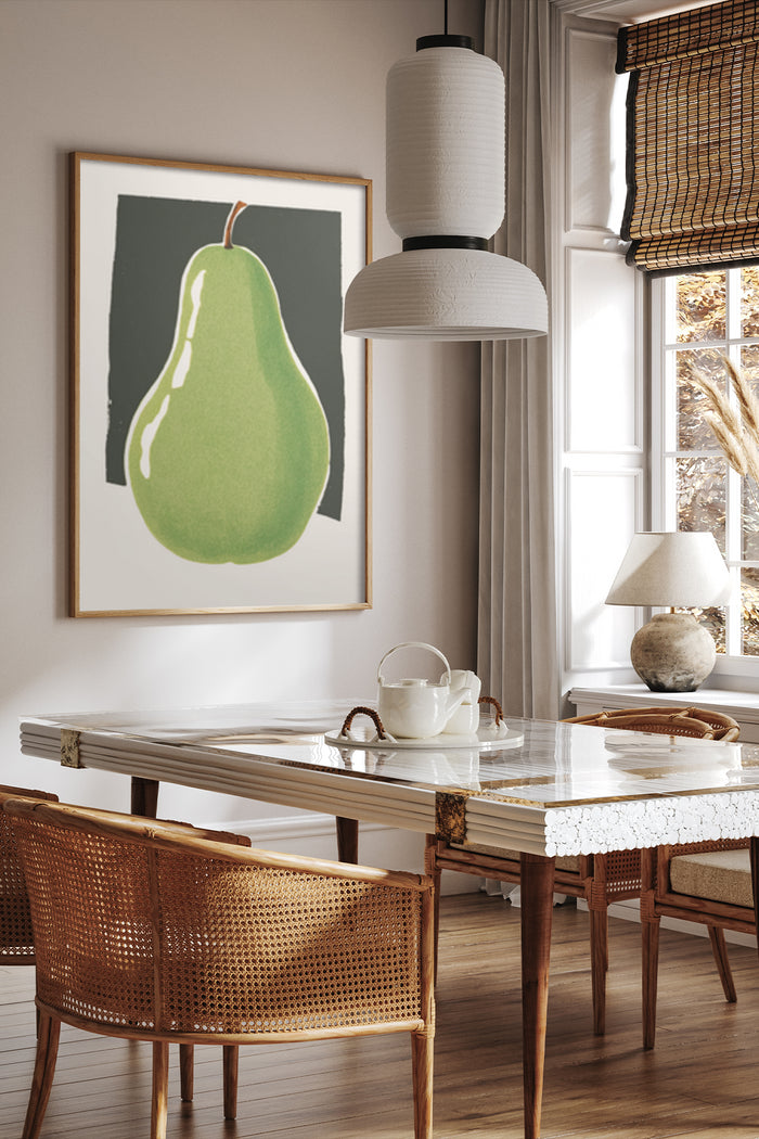 Contemporary green pear poster framed on dining room wall with elegant interior design