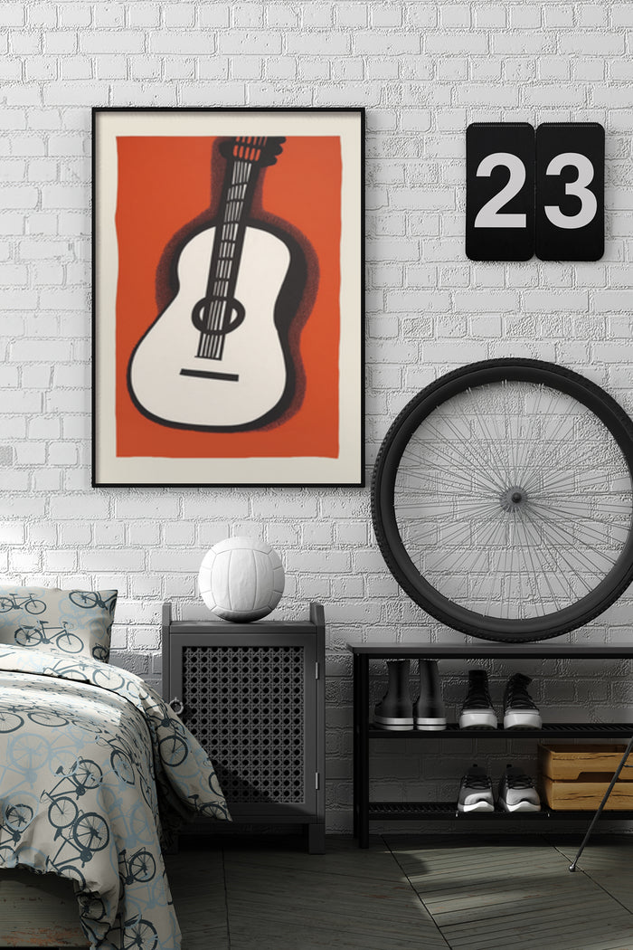 Stylized guitar poster in modern bedroom setting with brick wall and decorative items