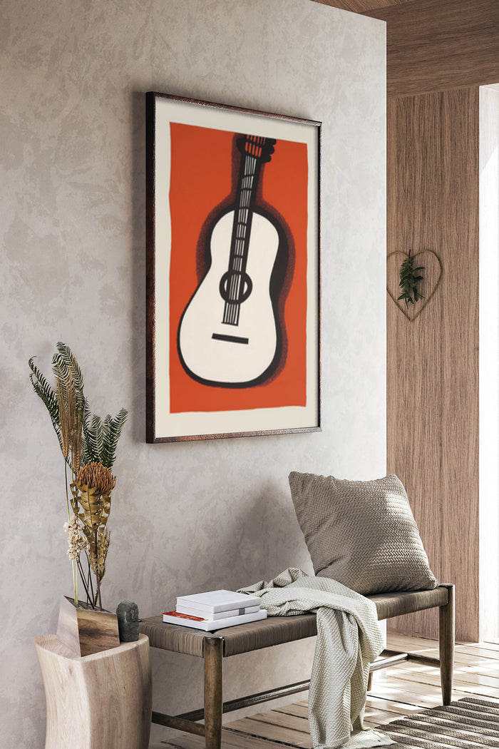 Stylized guitar artwork in modern home decor setting with cozy interior design