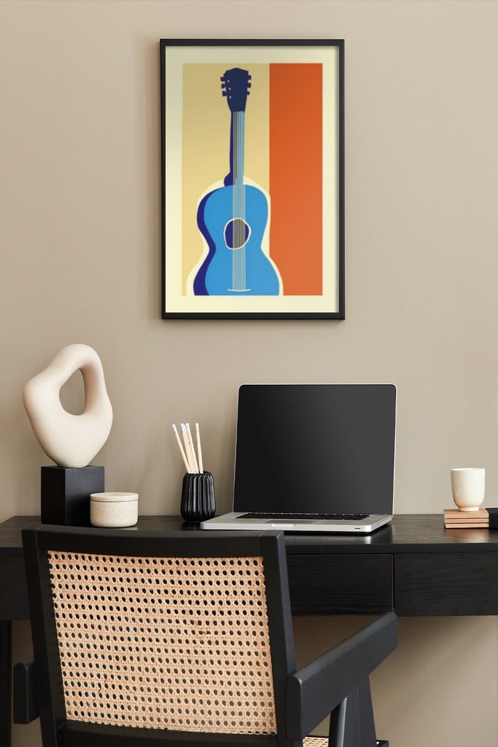 Contemporary blue guitar poster in a stylish home office setting with laptop and modern decor