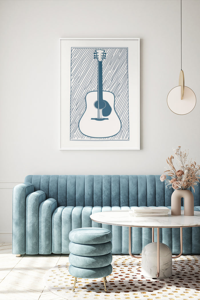 Modern Guitar Art Poster in Stylish Interior Design with Blue Velvet Couch