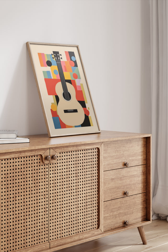 Stylish modern guitar artwork poster in a contemporary interior setting