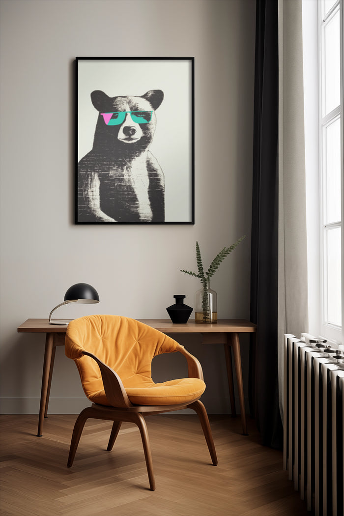 Contemporary home decor with a hipster bear wearing sunglasses poster, stylish orange chair, and wooden desk