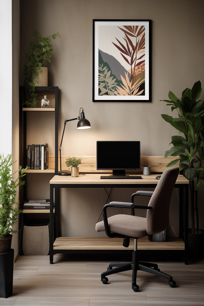 Stylish home office setup with modern desk, ergonomic chair, and decorative framed poster on the wall
