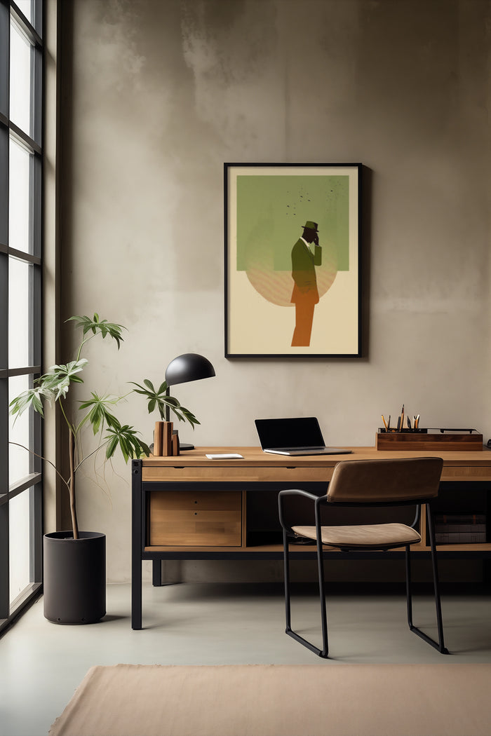 Stylish home office setup with abstract art poster on wall, wooden desk, laptop, and indoor plants
