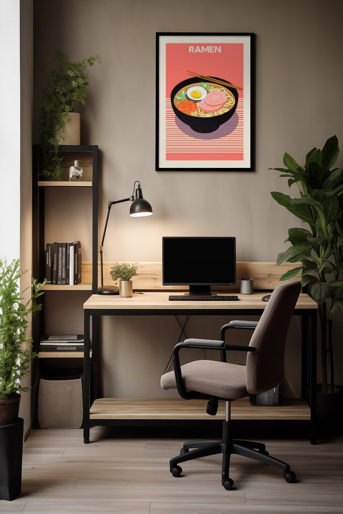 Stylish home office interior with modern desk setup and ramen noodle poster art