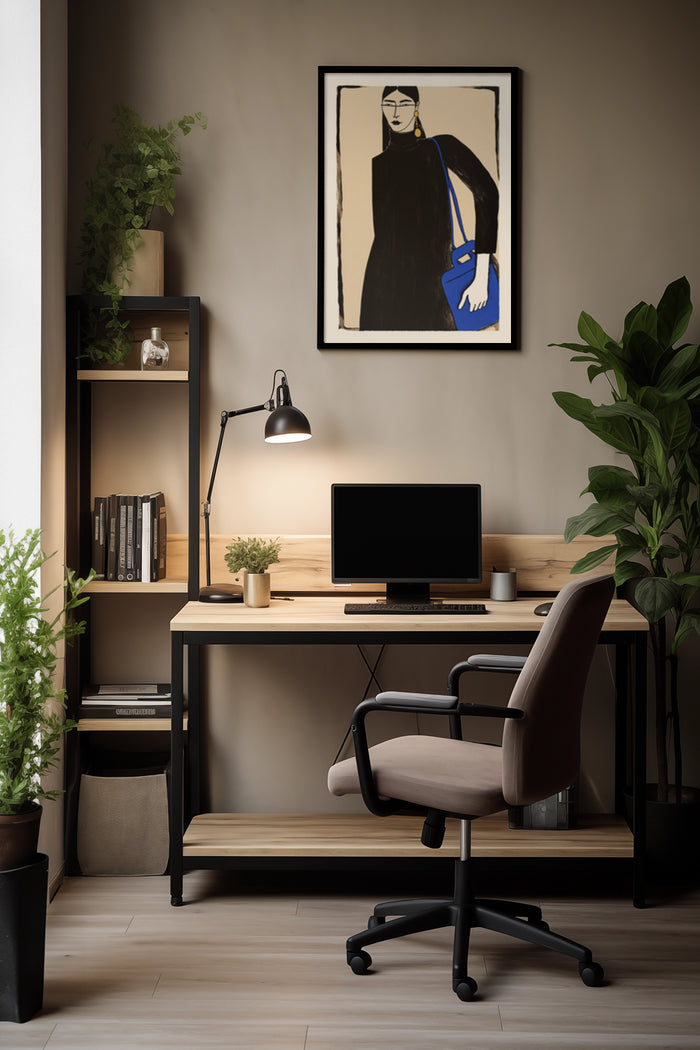Stylish home office interior with abstract portrait artwork on wall