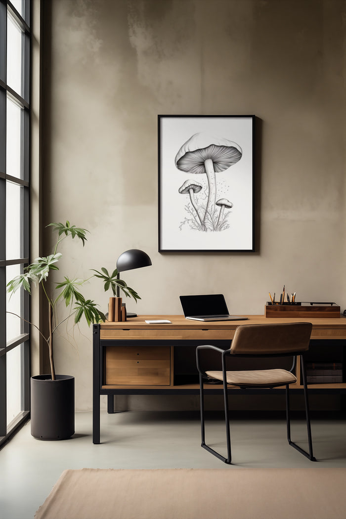Stylish home office interior with mushroom illustration poster, wooden desk and black chair