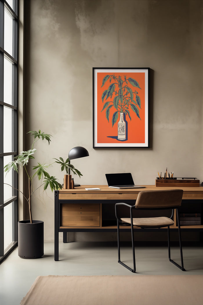 Stylish modern home office interior with orange canvas wall art featuring plant illustration poster