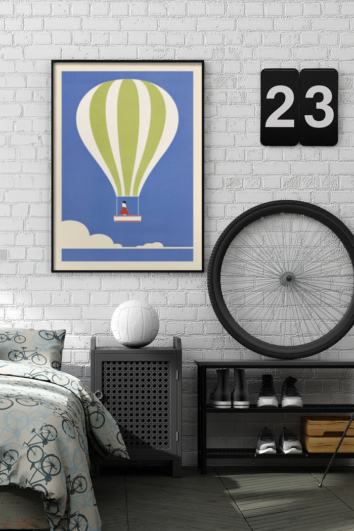 Modern hot air balloon art poster hanging on a bedroom wall featuring stylized clouds and a character in the basket