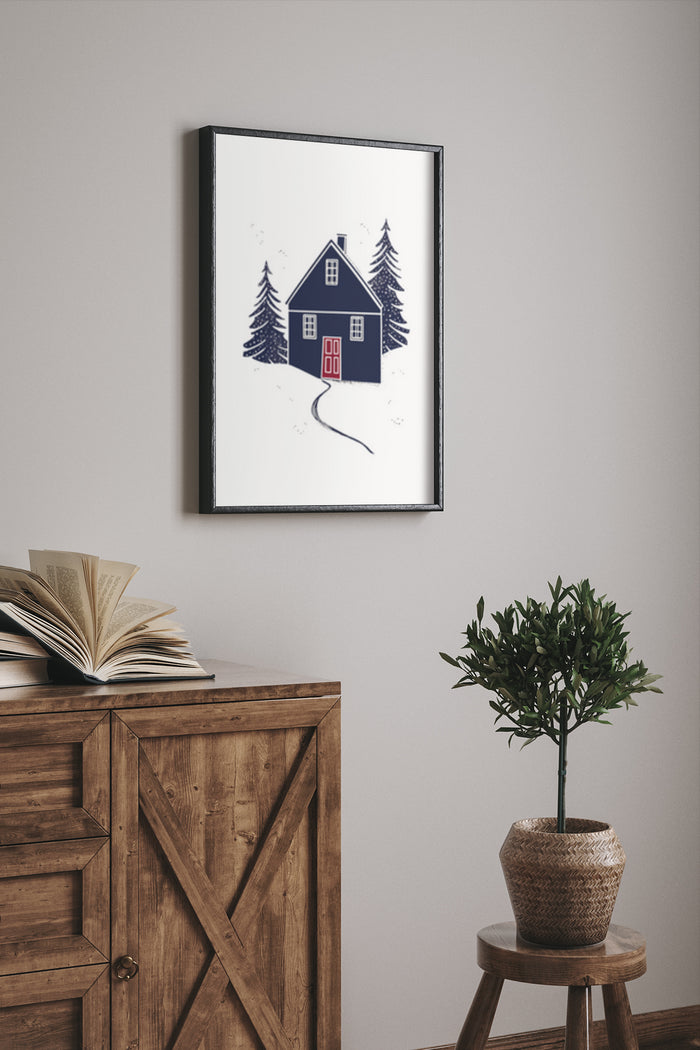 Contemporary wall art poster featuring a modern house design with forest background in a room setting