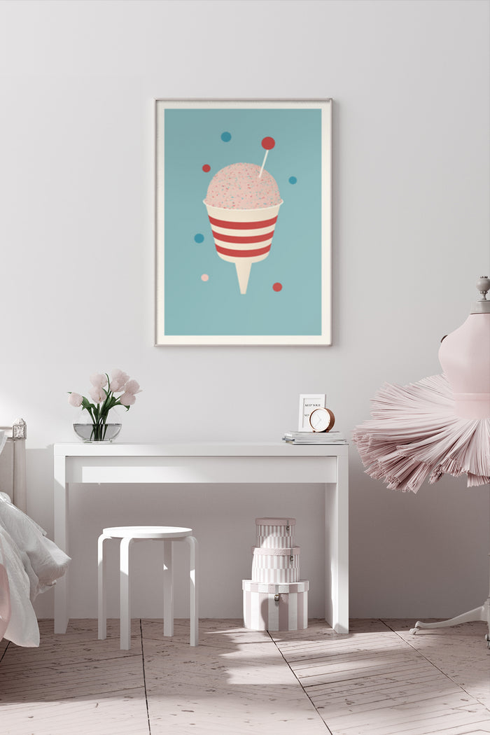 Modern styled poster featuring an ice cream cone illustration on a light blue background, displayed above a white desk in an elegant interior setting
