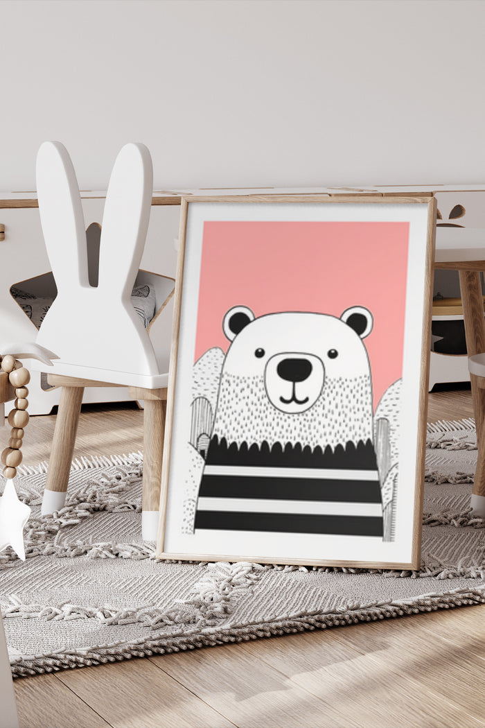 Modern illustrated bear artwork poster displayed in a stylish nursery room setting