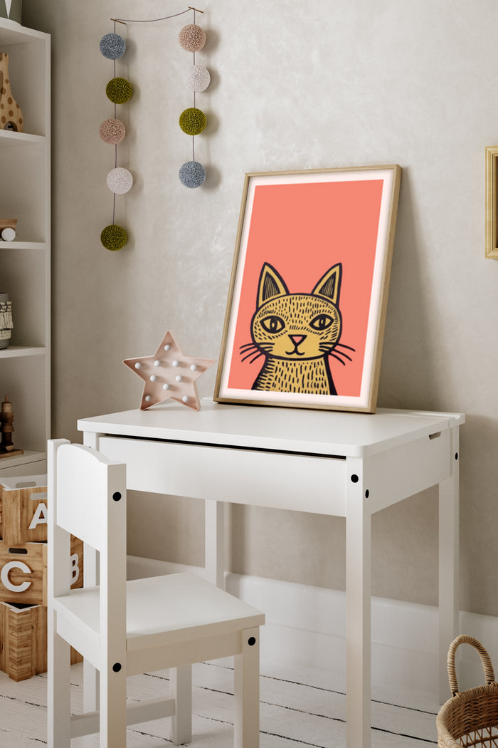 Illustrated Cat Poster in Children's Room Decor