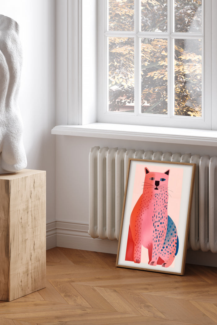 Contemporary illustrated poster of a pink and blue spotted cat in a stylish interior setting