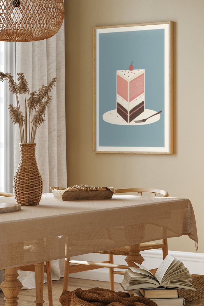 Contemporary art poster featuring a stylized illustration of a slice of cake in a home interior setting